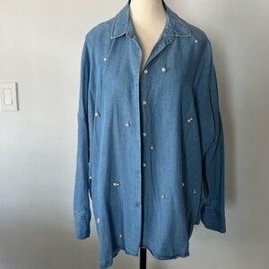 Zara Woman Peal Embellished Chambray Top